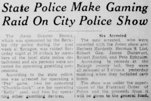 Beckley City Police Show Raided by State Police for Pea Pool and Kelly Pool Games June 12, 1944 Beckley Post Herald Article