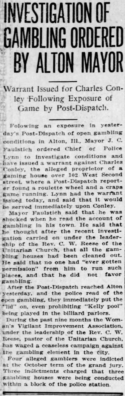 Kelly Pool Prohibited in Billiard Parlors in Alton Illinois Nov. 18, 1914 St. Louis Post-Dispatch Article