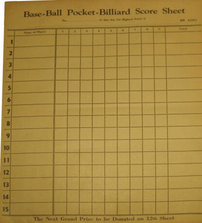 Score Sheet for Baseball Pocket Billiards