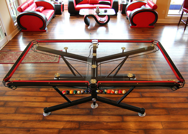 Red and black frame glass top pool table picture