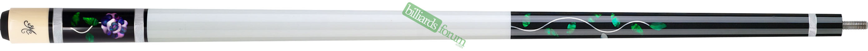 An Early Version of a BMC Purple Glass Rose Cue with White Rings Photo of a BMC purple Glass Rose pool cue with white rings. This is an early version of the purple rose cue with light-colored rings (instead of the purple rings which match the purple of the glass rose).