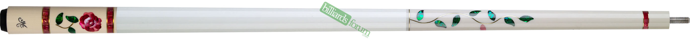 Picture of a BMC Glass Rose White/Pink Pool Cue This BMC cue stick is the *BMC Glass Rose White/pink* pool cue. The BMC Glass Rose White/pink model pool cue is part of the BMC Limited Edition Series line of pool cues from Meucci.