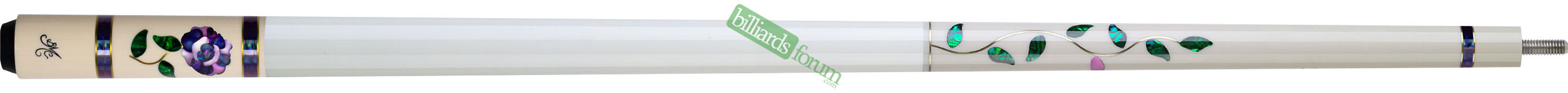 BMC Glass Rose White/Purple Pool Cue Photo Photo of the BMC White Glass Rose pool cue with purple rose.
