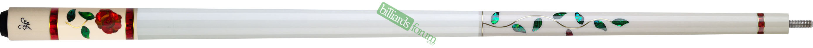 Picture of a BMC Glass Rose White/Red Pool Cue This BMC cue stick is the *BMC Glass Rose White/Red* pool cue with an extra full red ring at the top of the buttsleeve. The BMC Glass Rose White/Red model pool cue is part of the BMC Limited Edition Series line of pool cues from Meucci.