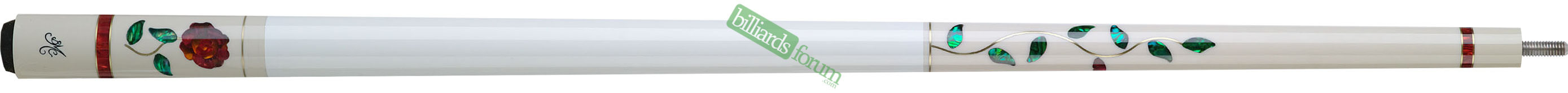 BMC White Glass Rose Pool Cue BMC White Glass Rose pool cue product image. This model is also known as the BMC "Daytime" Glass Rose cue.