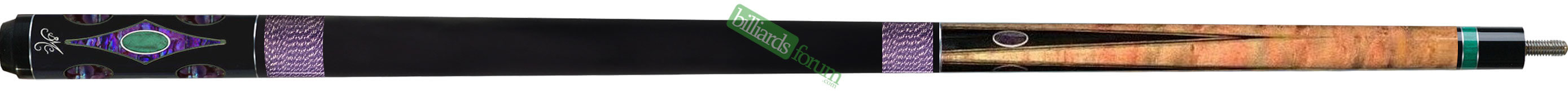 Photo of the Custom BMC Crusher Black Cue (Reverse Inlay Color) Picture of the custom BMC Black Crusher pool cue with reversed inlay color and alternate forearm stain color.