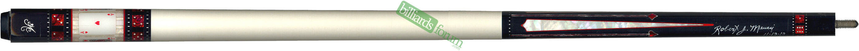 A BMC Hearts Casino 1 Cue Dated 2010-11-13 This *hearts cards BMC Casino 1 pool cue* was sold by Billiard Warehouse. It is signed by Bob Meucci and dated 2010-11-13 on the forearm.