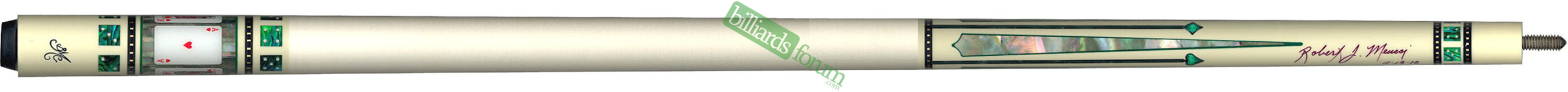 BMC Hearts Casino 2 Pool Cue Dated 2010-11-13 Photo of a "hearts cards" BMC Casino 2 pool cue, dated 2010-11-13 on the forearm. It was originally sold by Billiard Warehouse.