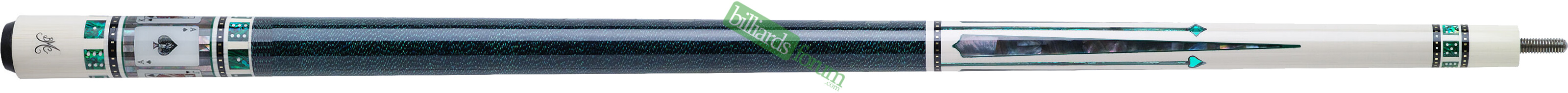 Spades Version BMC Casino 2 Pool Cue Large photo of the Bob Meucci Customs *BMC Casino #2 Spades* pool cue. The BMC Casino #2 Spades model pool cue is part of the BMC Casino Series line of pool cues.