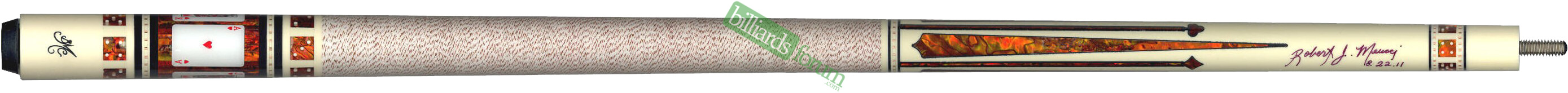 Hearts BMC Casino #4 Pool Cue This photo shows the Hearts version of the BMC Casino #4 Hearts pool cue as sold from the Billiard Warehouse.