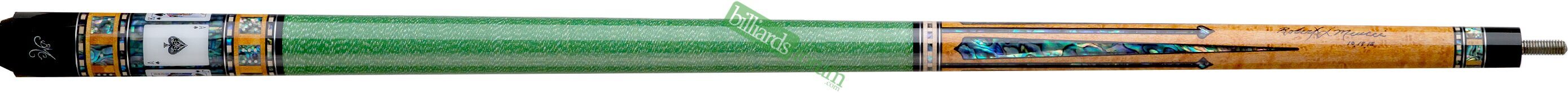BMC Spades Casino 6 Cue with Green Wrap Picture of a BMC spades Casino #6 cue with a custom bright green wrap. Cue is signed and dated 2015-10-19, and was sold on eBay by Budget Billiards in Nov 2018.