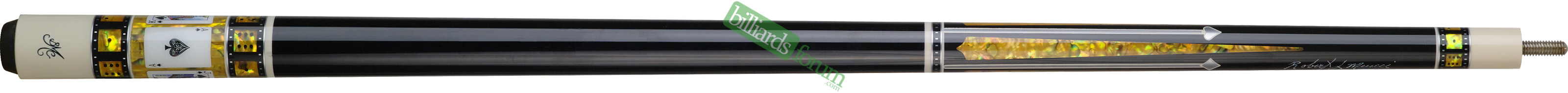 Spades Version BMC Casino 8 Pool Cue Large photo of the Bob Meucci Customs *BMC Casino #8 Spades* pool cue. The BMC Casino #8 Spades model pool cue is part of the BMC Casino Series line of pool cues.