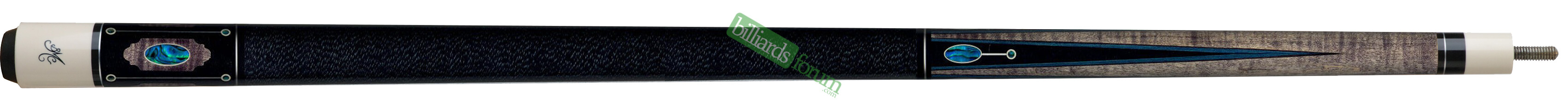 Grey Stain BMC SWBB-2B Blue Pool Cue Close-up photo of the grey-stained *Blue BMC SWBB 2B pool cue*. The Blue BMC SWBB 2B cue model is part of the BMC Skyler Woodward Barbox pool cue series.