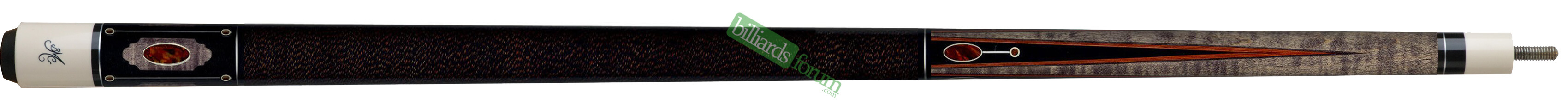 Grey Stain BMC SWBB-2B Brown Pool Cue Close-up photo of the grey-stained *Brown BMC SWBB 2B pool cue*. The Brown BMC SWBB 2B cue model is part of the BMC Skyler Woodward Barbox pool cue series.