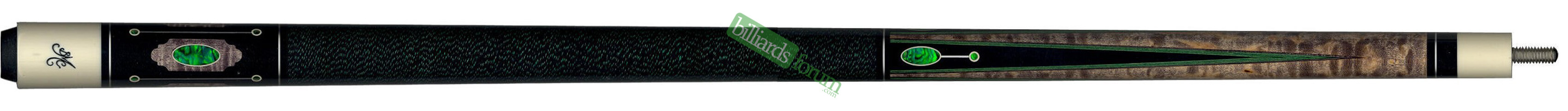 Green SWBB-2B Pool Cue with Grey Stain Photo of a *green BMC SWBB-2B cue* with grey stain, green veneer points, and green shell inlays.