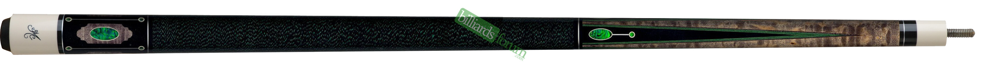Grey Stain BMC SWBB-2B Green Pool Cue Close-up photo of the grey-stained *Green BMC SWBB 2B pool cue*. The Green BMC SWBB 2B cue model is part of the BMC Skyler Woodward Barbox pool cue series.