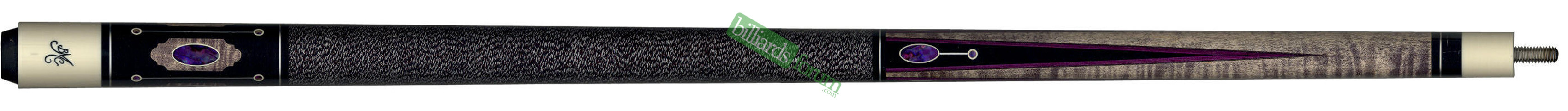 Purple SWBB-2B Pool Cue with Grey Stain Photo of a *purple BMC SWBB-2B cue* with grey stain, purple veneer points, and purple shell inlays.