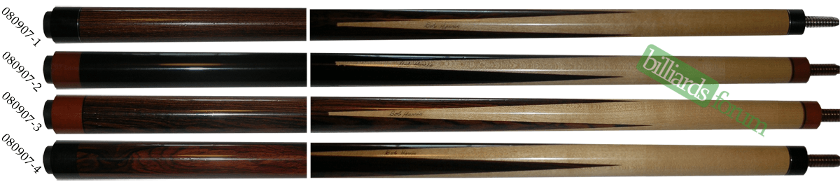 Bob Harris 2007 Custom Sneaky Pete Series Pool Cue Identification A picture of pool cues from the Bob Harris 2007 Custom Sneaky Pete Series line of cues. It can be used to identify 2007 Bob Harris Sneaky Pete Series Cues and find out how much Bob Harris 2007 Custom Sneaky Pete Series pool cues are worth.