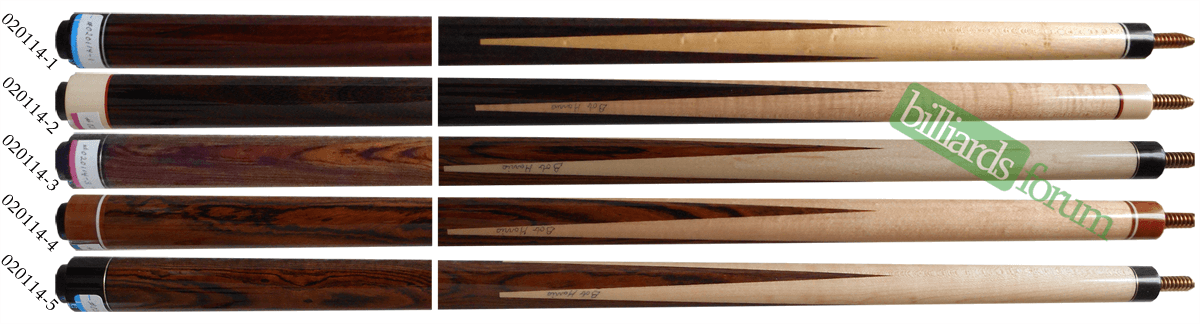 Bob Harris 2014 Custom Sneaky Pete Series Pool Cue Identification A picture of pool cues from the Bob Harris 2014 Custom Sneaky Pete line of cues. It can be used to identify 2014 Bob Harris Sneaky Pete Series Cues to assist in finding out how much Bob Harris 2014 Custom Sneaky Pete Series pool cues are worth.