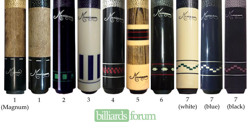 A picture of all of the pool cues from the Meucci Max Series line of cues. It can be used to identify Meucci Maximum Max Series cues and find out how much Max Series pool cues are worth.