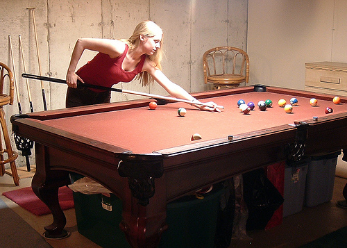 Basement Billiard Table and Swivel Stools