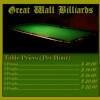 Great Wall Billiards Price List from 2016