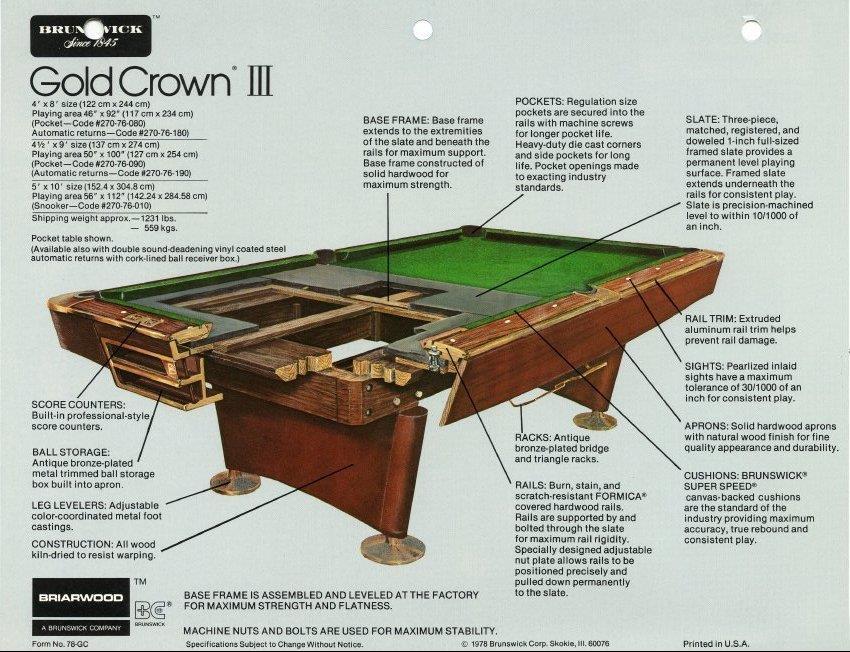 8' Brunswick Gold Crown III Pool Table For Sale